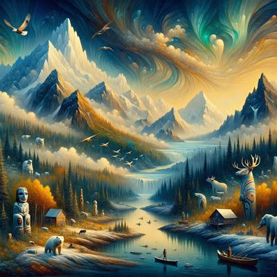 The primary subject of the image is a painting of a mountainous landscape with a river flowing through it. The setting includes a mountain range, a forest, and a sky filled with clouds. The visual style is an artistic illustration, and the colors and mood convey a sense of tranquility and natural beauty.